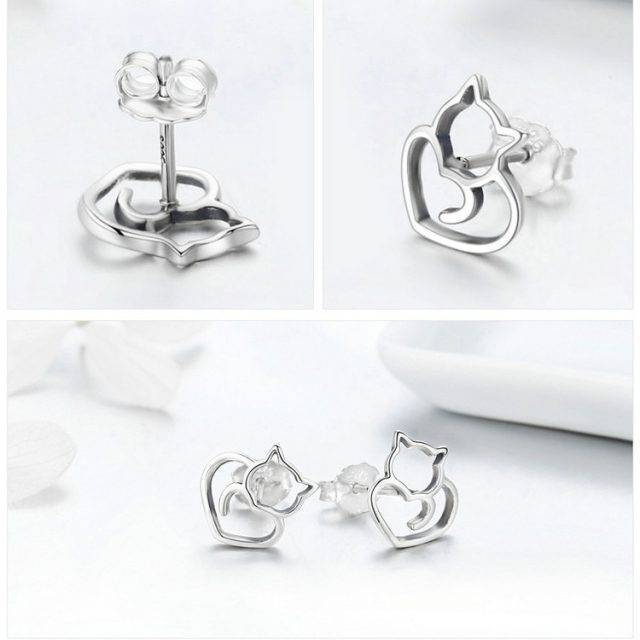 925 Sterling Silver Cat and Heart Shaped Women's Stud Earrings ...