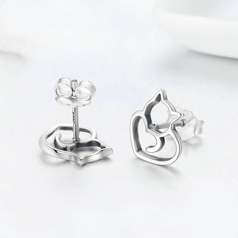 925 Sterling Silver Cat and Heart Shaped Women’s Stud Earrings For Pet Lovers Jewelry & Watches