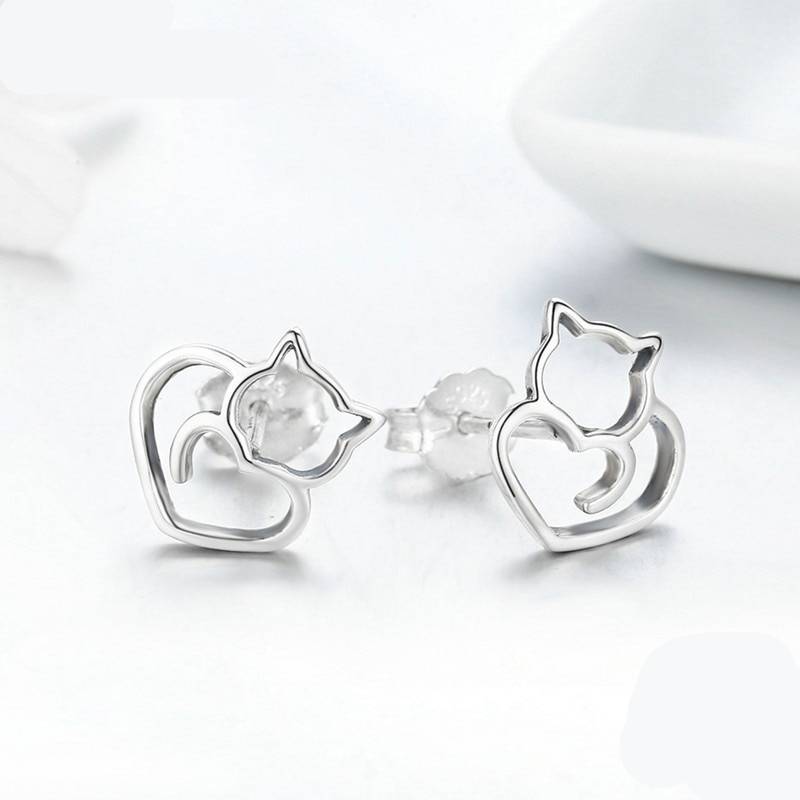 925 Sterling Silver Cat and Heart Shaped Women’s Stud Earrings For Pet Lovers Jewelry & Watches