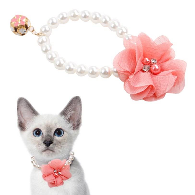 Pearl Collar for Cats with Lace Flower and Bell Cats Collars, Harnesses & Leashes