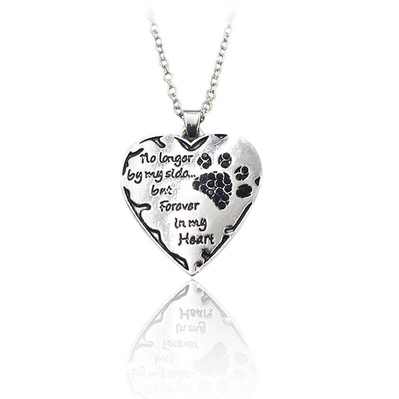 Silver Necklace Heart with Crystal Cat Paw Memorials Necklaces
