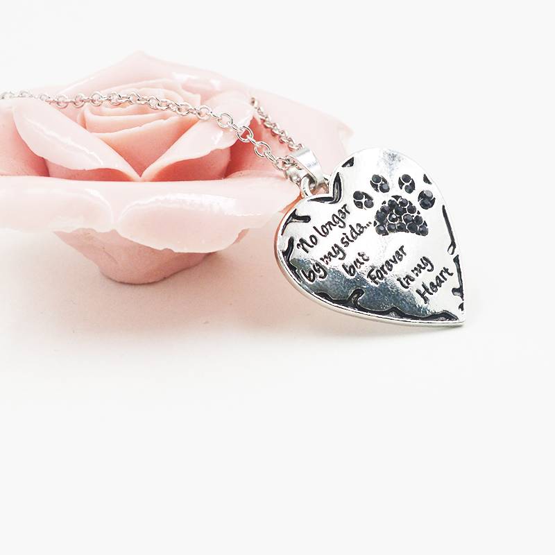 Silver Necklace Heart with Crystal Cat Paw Memorials Necklaces